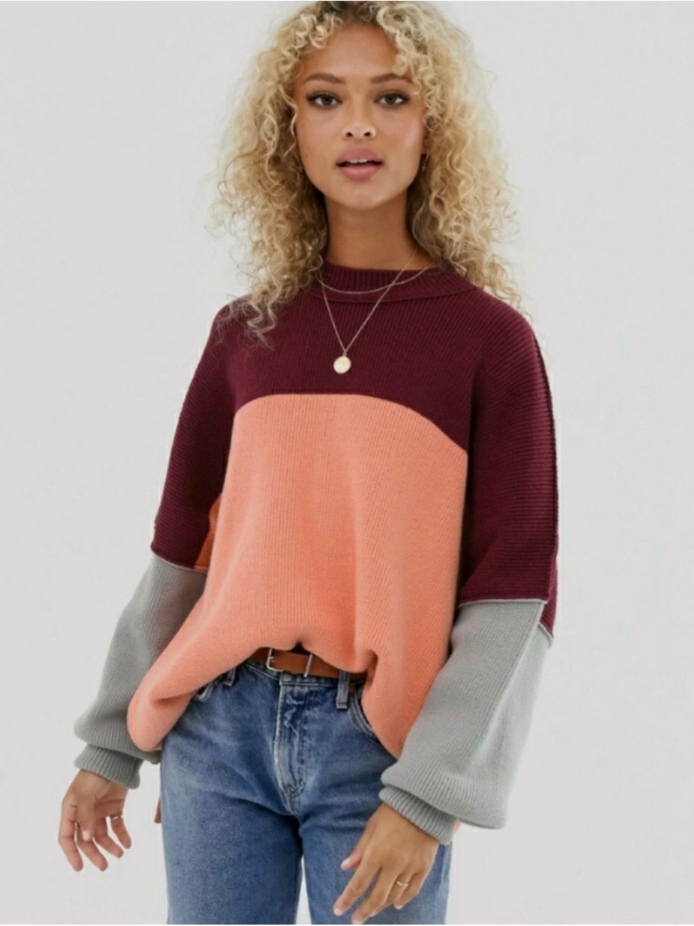 Free People Easy Street Color Block Oversized Sweater Peach Burgundy L NWT
